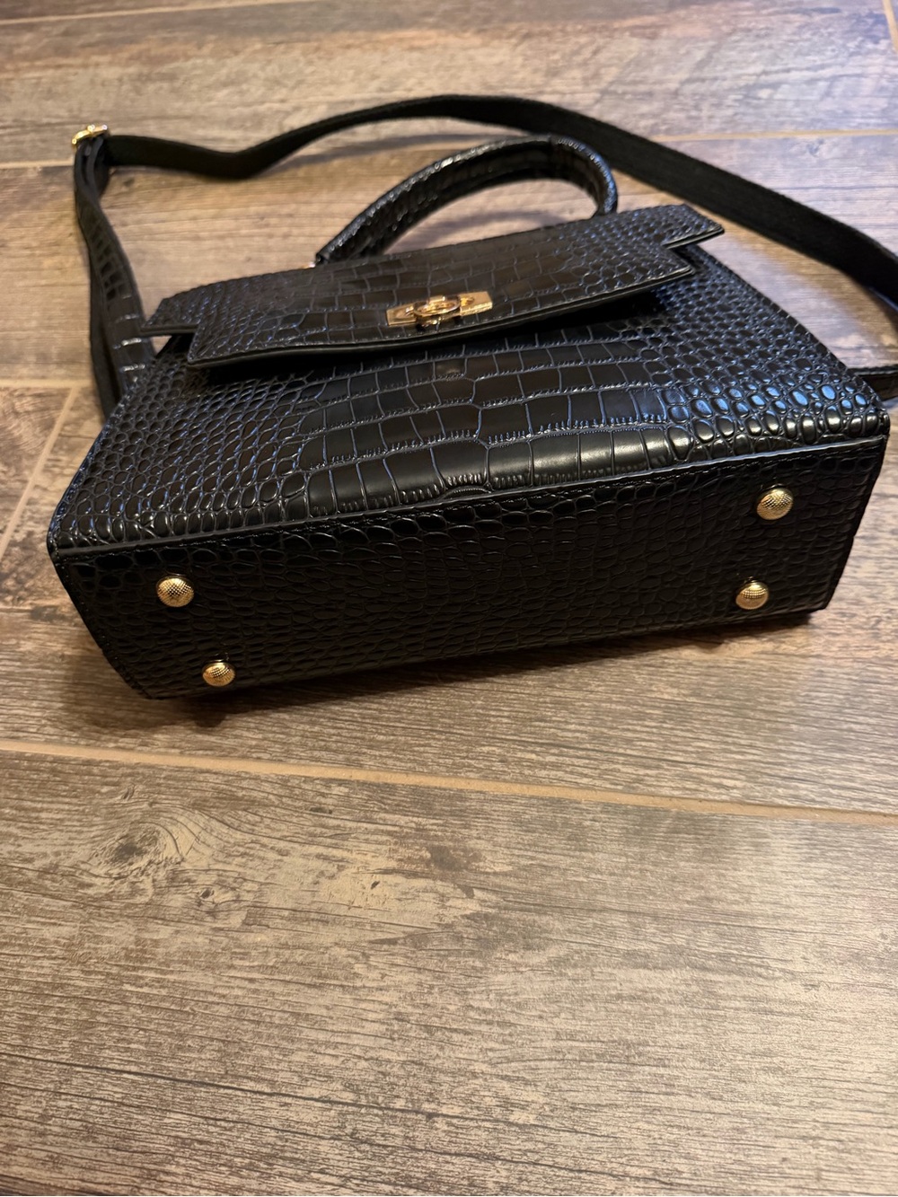 Croc-Embossed Black Top-Handle Satchel with Gold Clasp - Picture 6 of 8